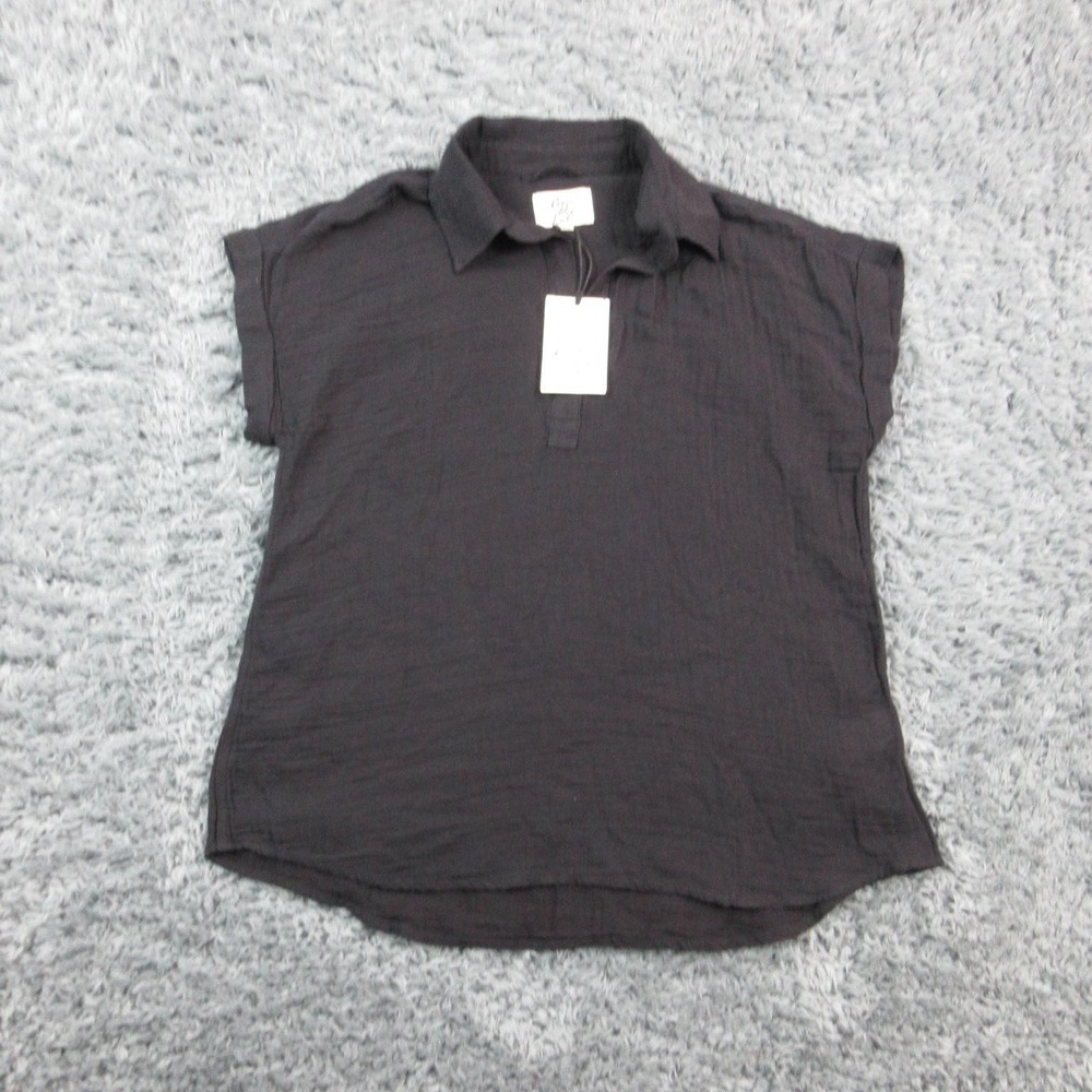 Cosmic Blue Love Blouse Shirt Womens Medium Black Collared Cap Sleeve Top NWT